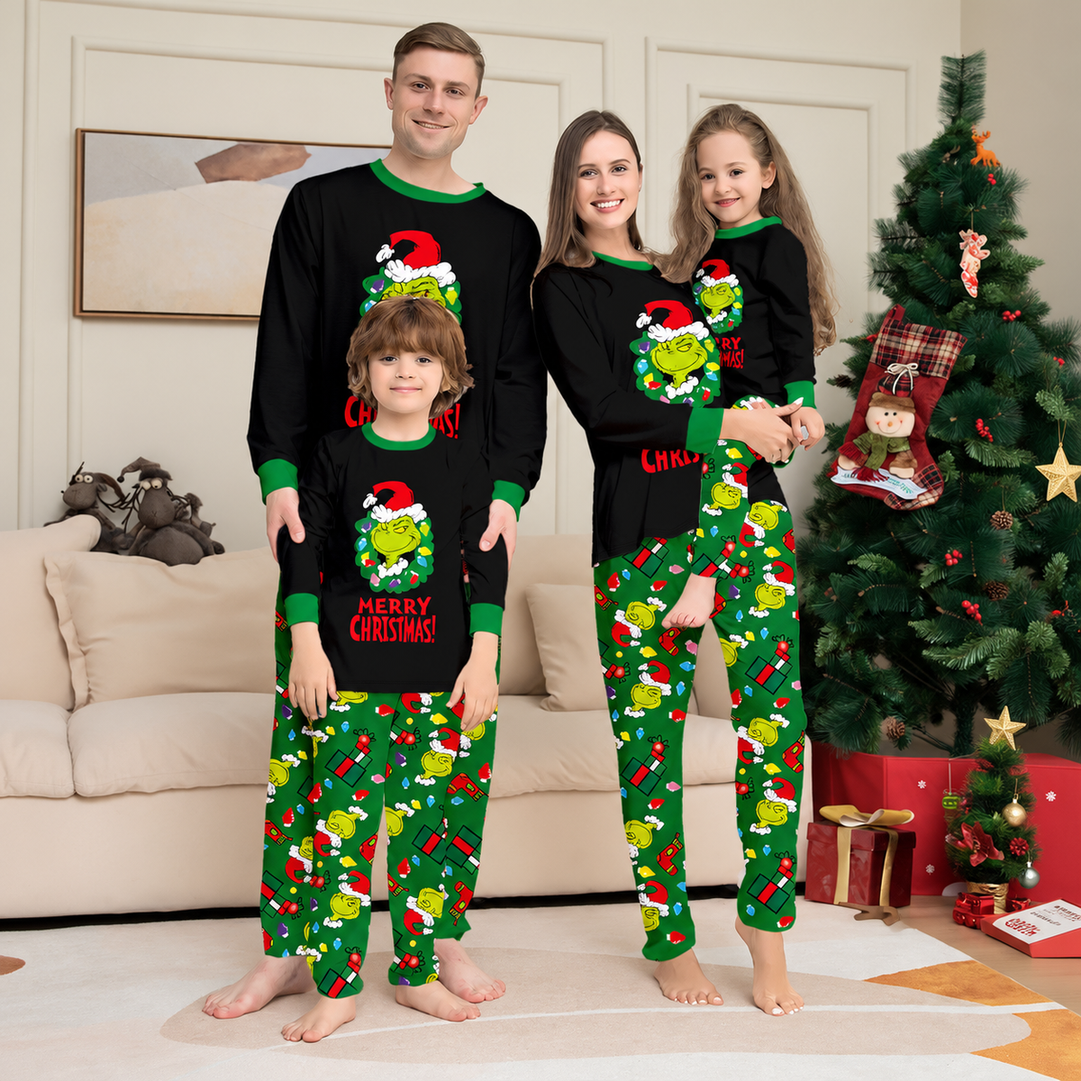 Green Grinch Gift Box Family Matching Christmas Pajamas