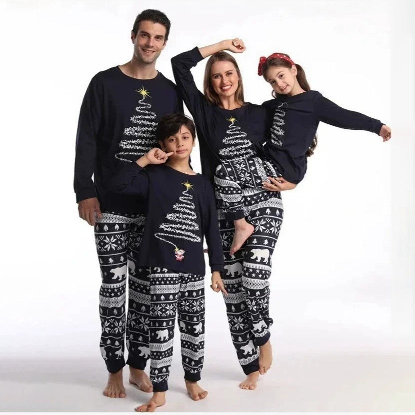 Navy Blue Christmas Tree Family Matching Christmas Pajamas