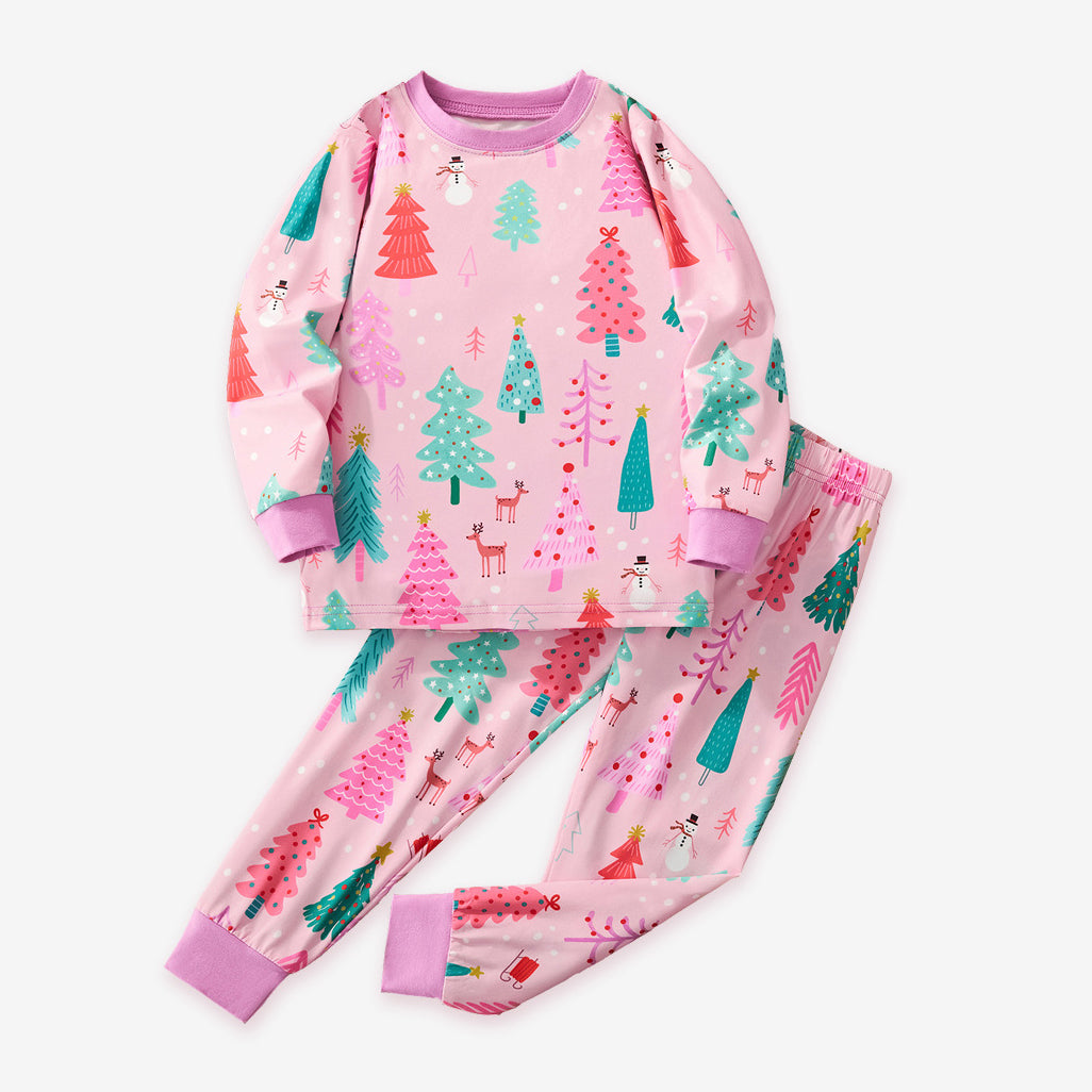 Girls' Pink Christmas Tree Print Pajama Set