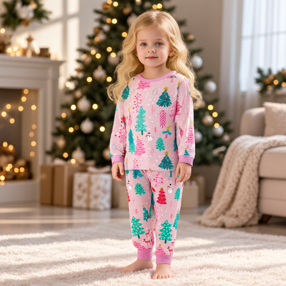 Girls' Pink Christmas Tree Print Pajama Set