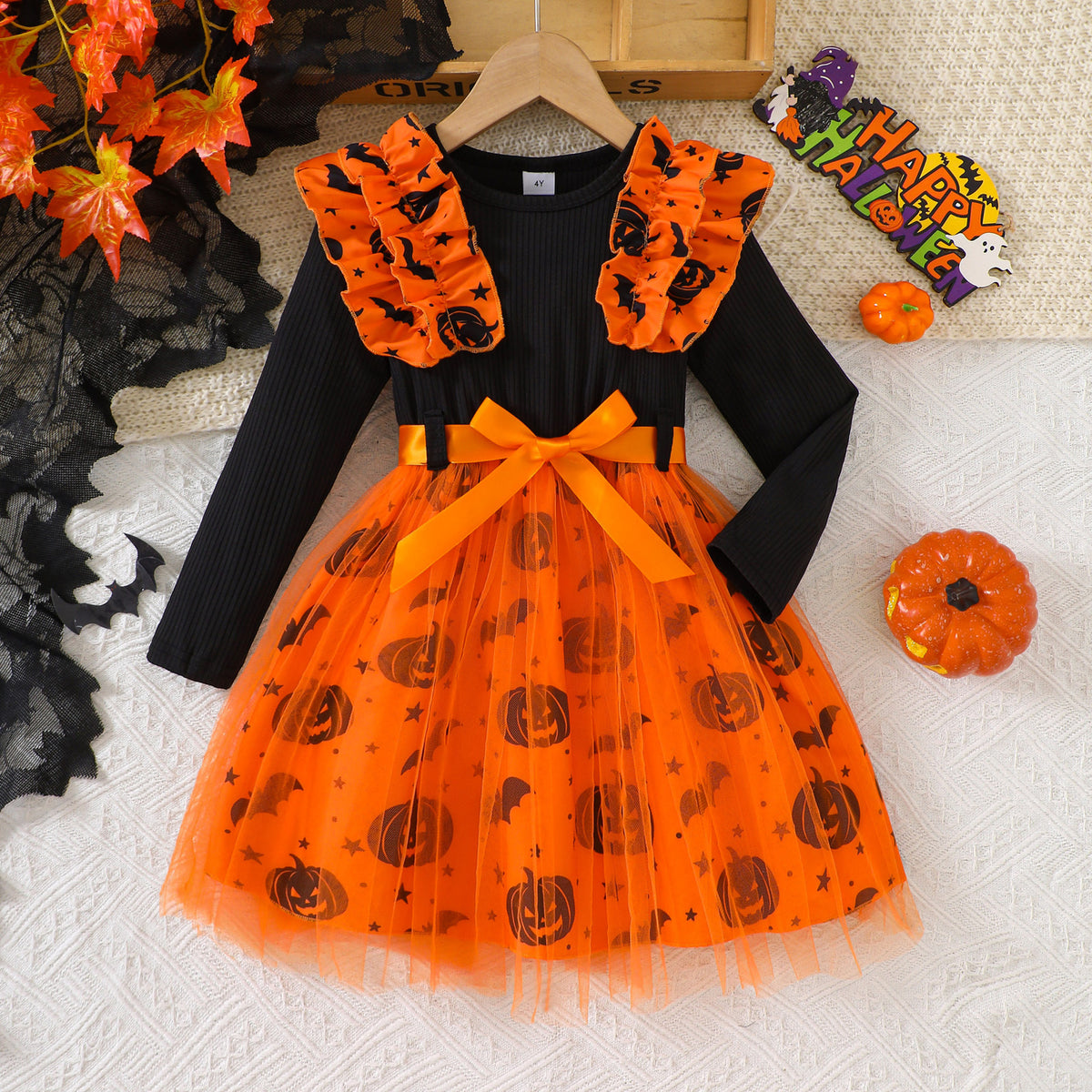 Pumpkin & Bat Print Tulle Princess Dress