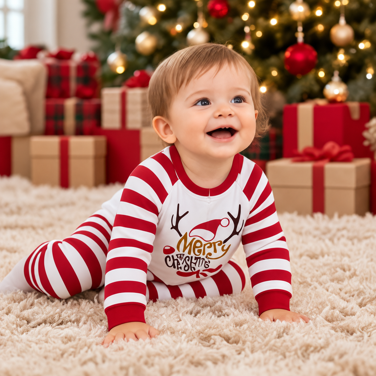 Christmas Reindeer Stripes Print Family Matching Christmas Pajamas