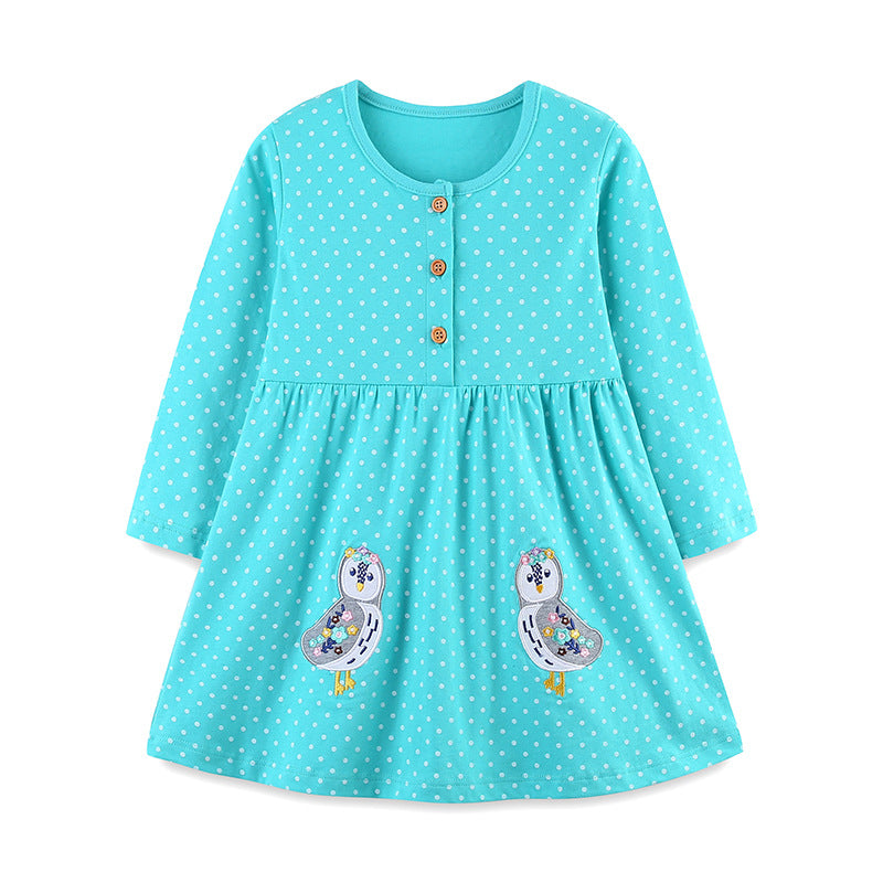 Girls' Animal Embroidered Spotted Long Sleeve Dress