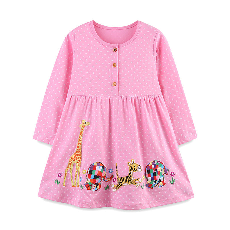 Girls' Animal Embroidered Spotted Long Sleeve Dress