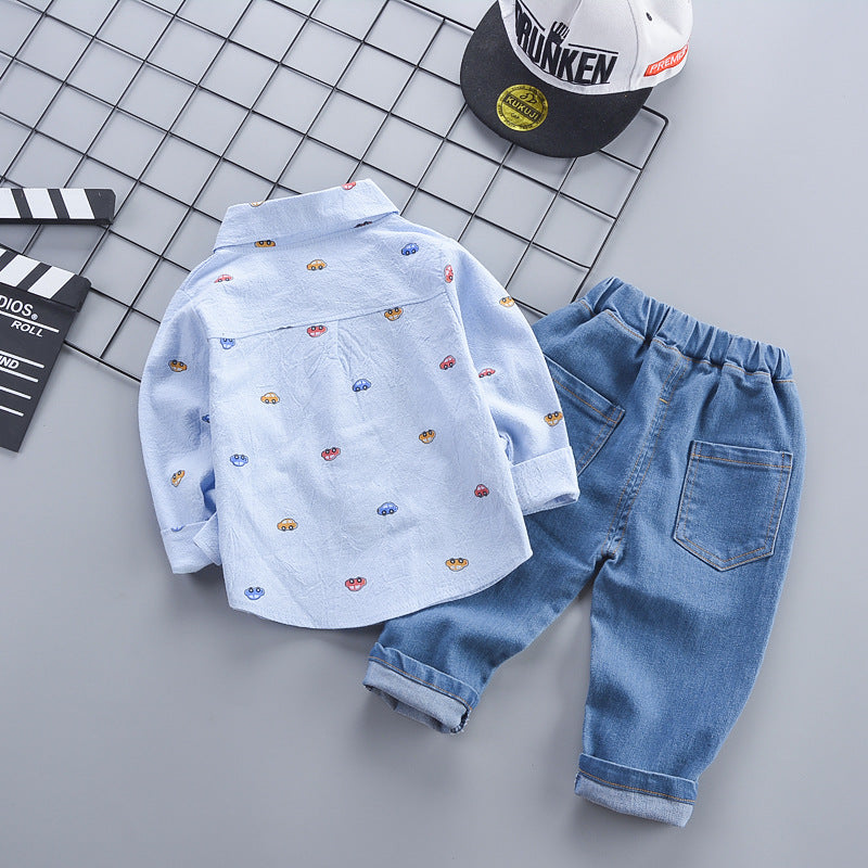 Boys' Cartoon Print Shirt & Denim Pants 2-Piece Outfit
