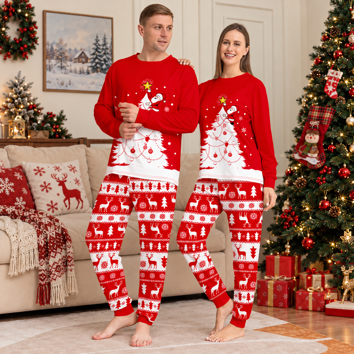 Red Christmas Tree Reindeer Family Matching Christmas Pajamas