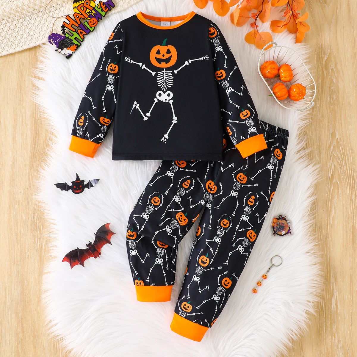 Skull & Pumpkin Print Long Sleeve Top & Pants Set