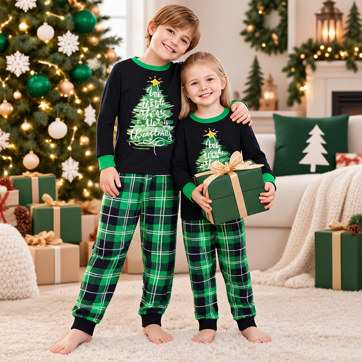 Green Christmas Tree Plaid Family Matching Christmas Pajamas