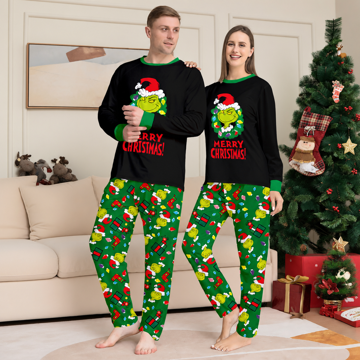 Green Grinch Gift Box Family Matching Christmas Pajamas