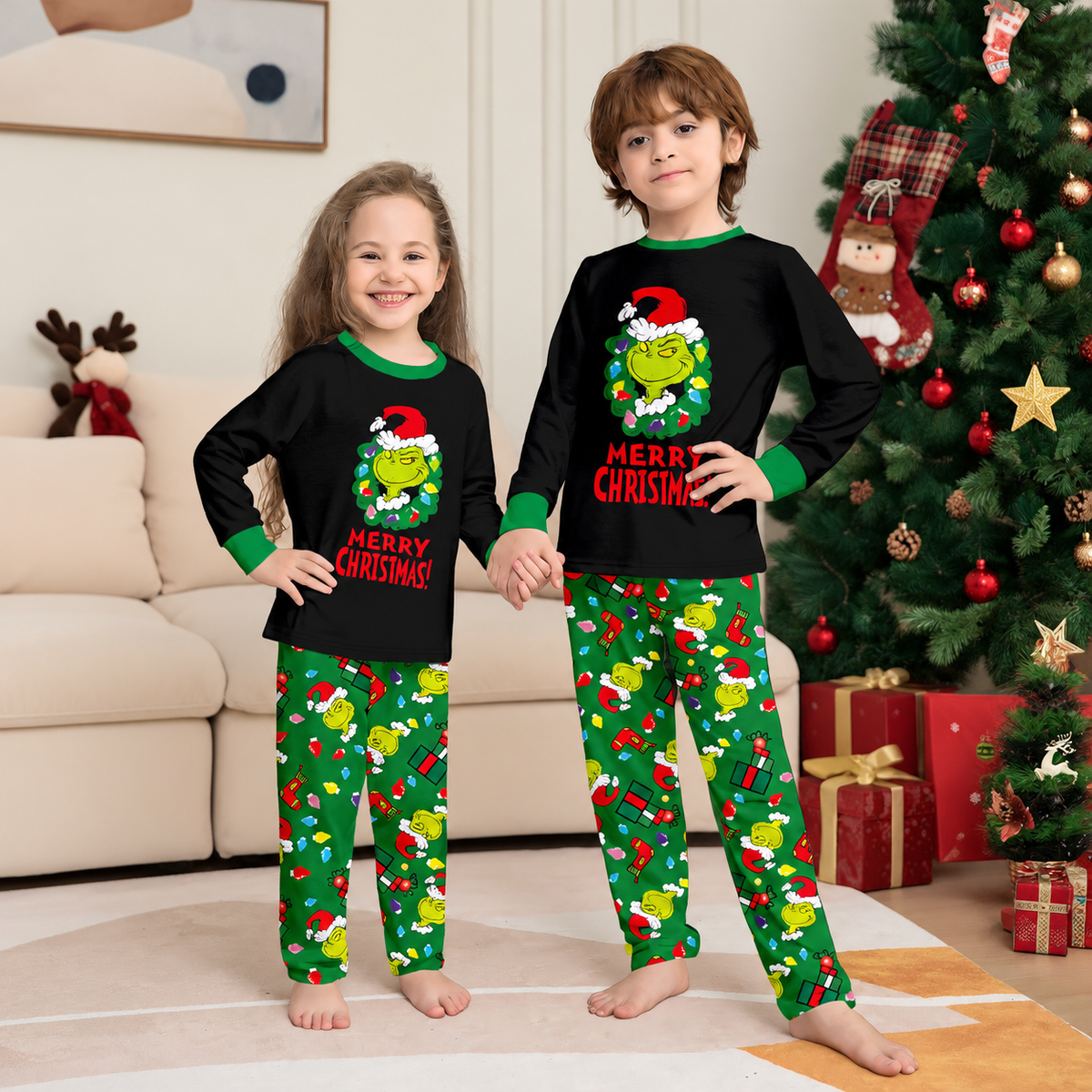Green Grinch Gift Box Family Matching Christmas Pajamas