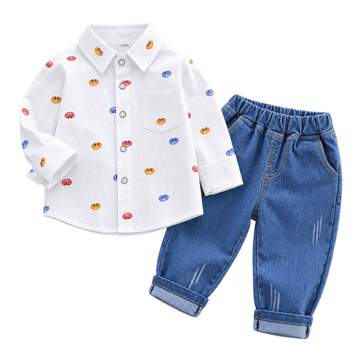 Boys' Cartoon Print Shirt & Denim Pants 2-Piece Outfit
