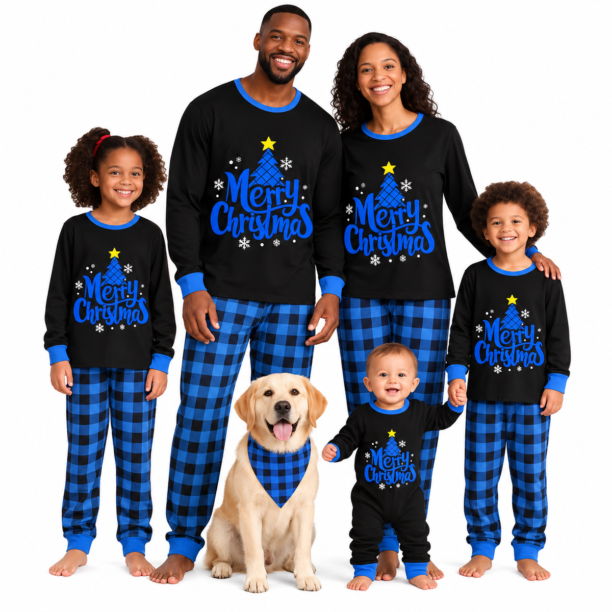 Merry Christmas Blue Plaid Family Matching Christmas Pajamas with Pet