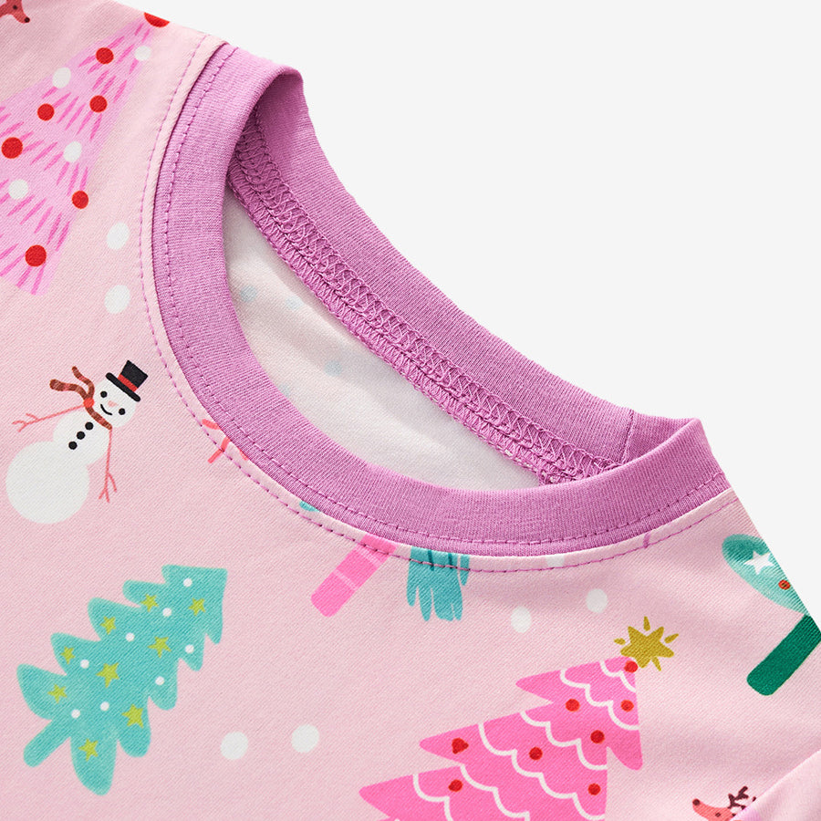 Girls' Pink Christmas Tree Print Pajama Set