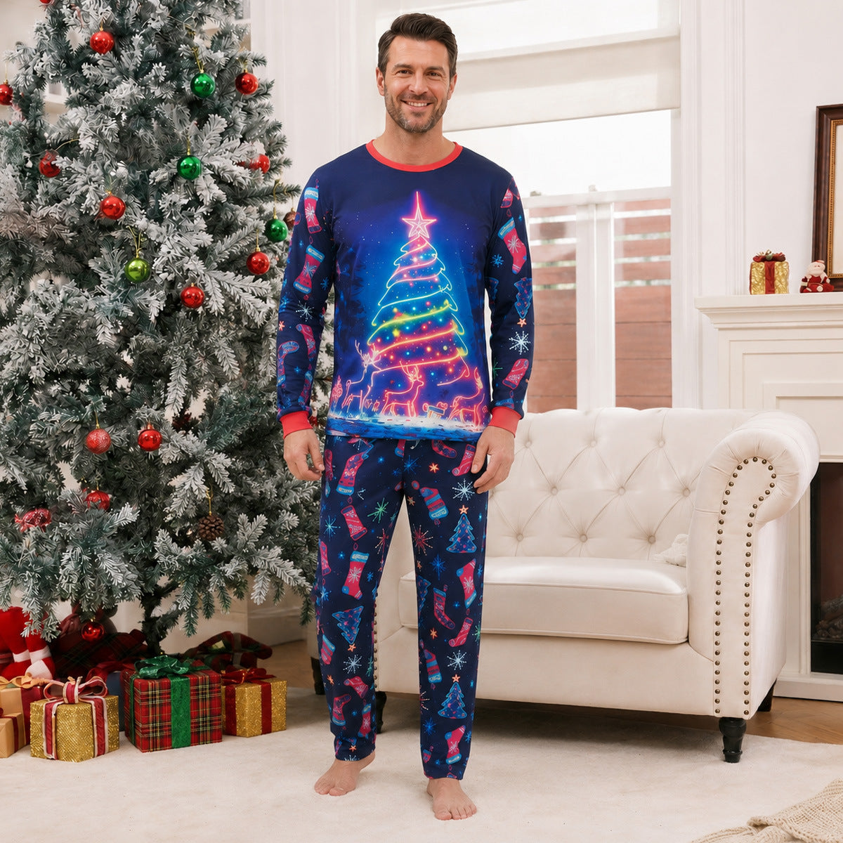 Colorful Christmas Tree & Reindeer Matching Pajamas for Adults, Kids & Pets