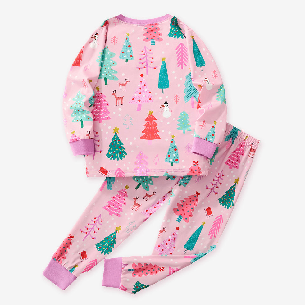 Girls' Pink Christmas Tree Print Pajama Set