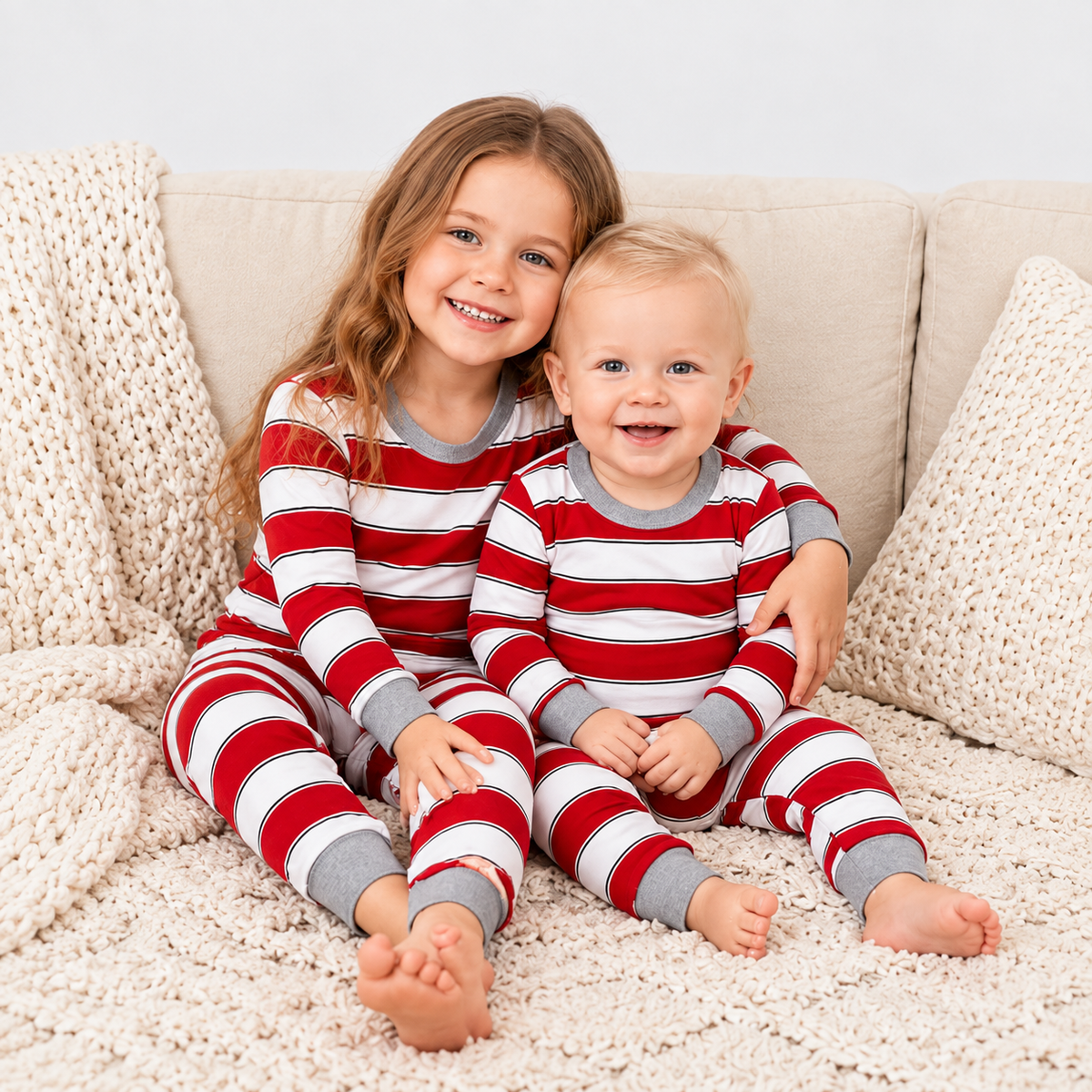 Wide White Red Stripes Family Matching Christmas Pajamas