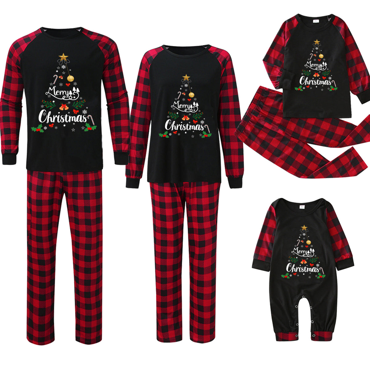 Red Plaid Christmas Tree Family Matching Christmas Pajamas for Adults, Kids & Pets