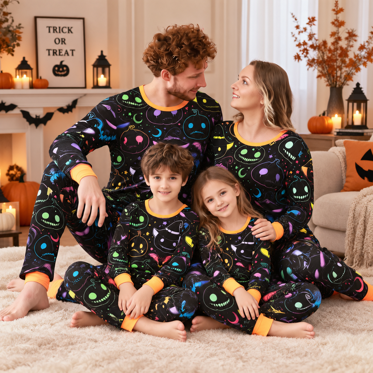 Colorful Pumpkin Ghost All-Over Print Family Matching Halloween Pajamas