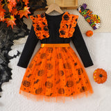 Pumpkin & Bat Print Tulle Princess Dress