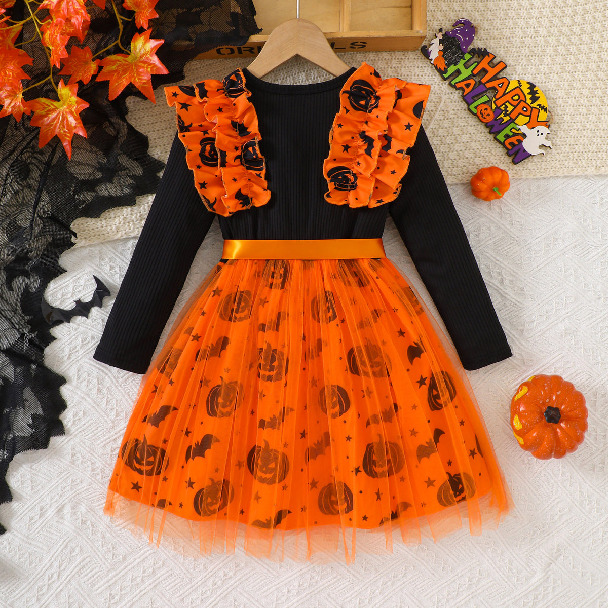 Pumpkin & Bat Print Tulle Princess Dress