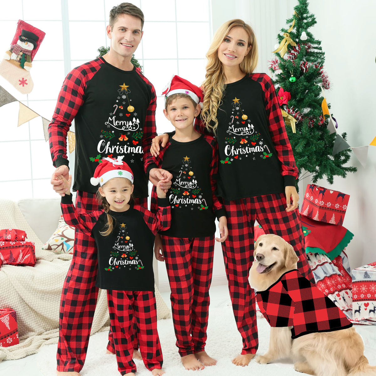 Red Plaid Christmas Tree Family Matching Christmas Pajamas for Adults, Kids & Pets