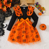 Pumpkin & Bat Print Tulle Princess Dress