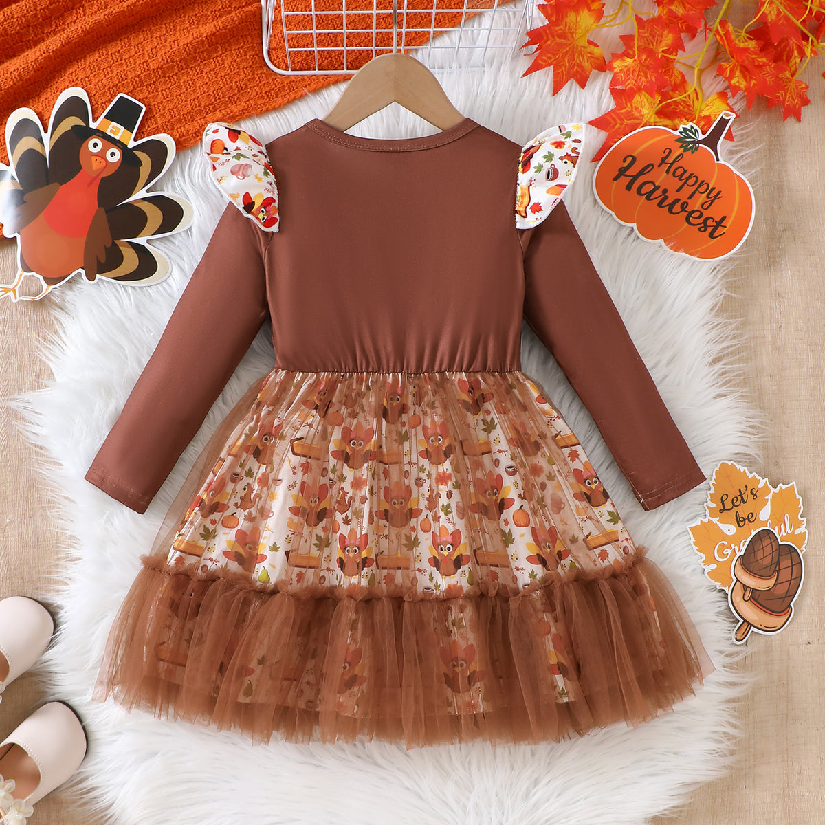 Thanksgiving Turkey Print Tulle Princess Dress
