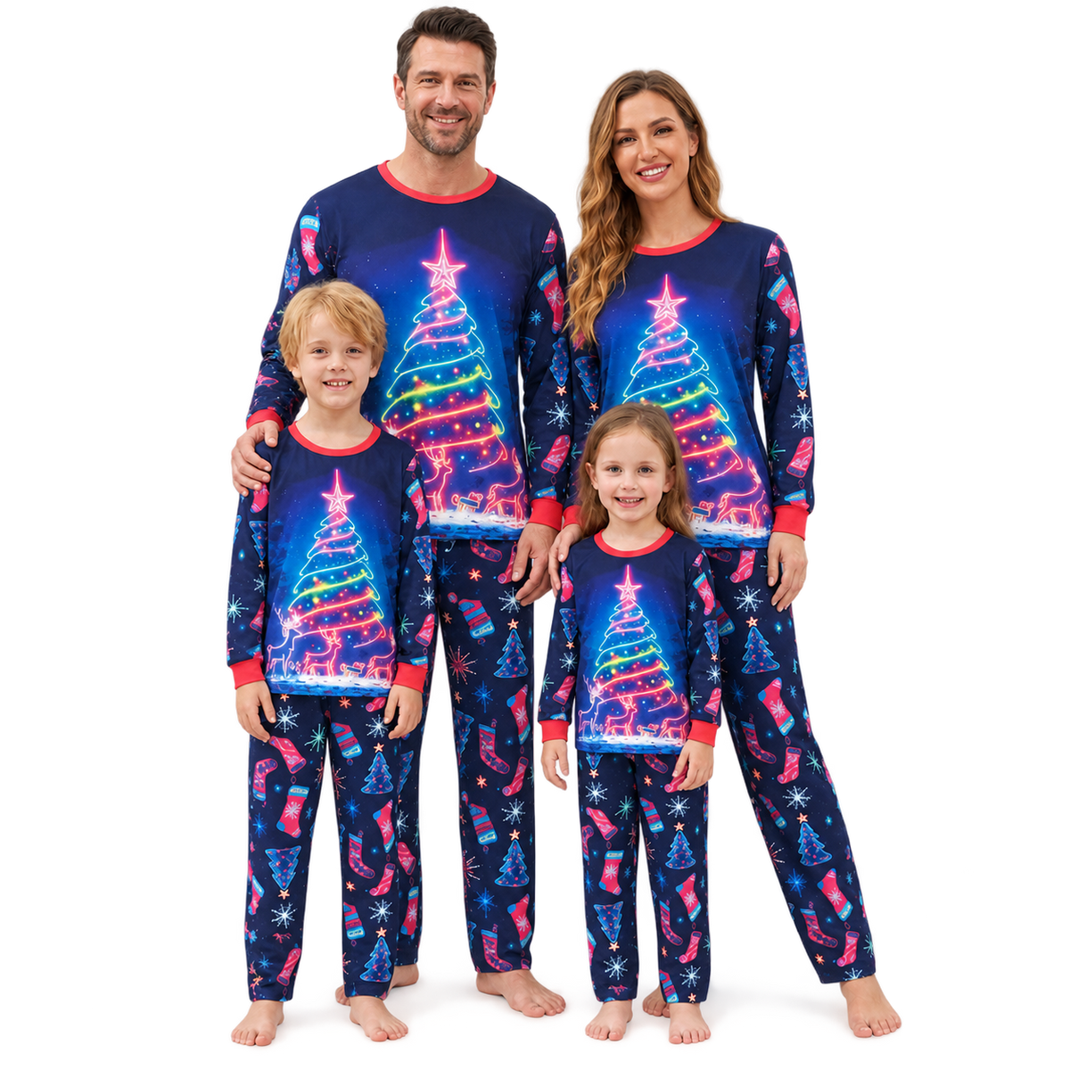 Colorful Christmas Tree & Reindeer Matching Pajamas for Adults, Kids & Pets