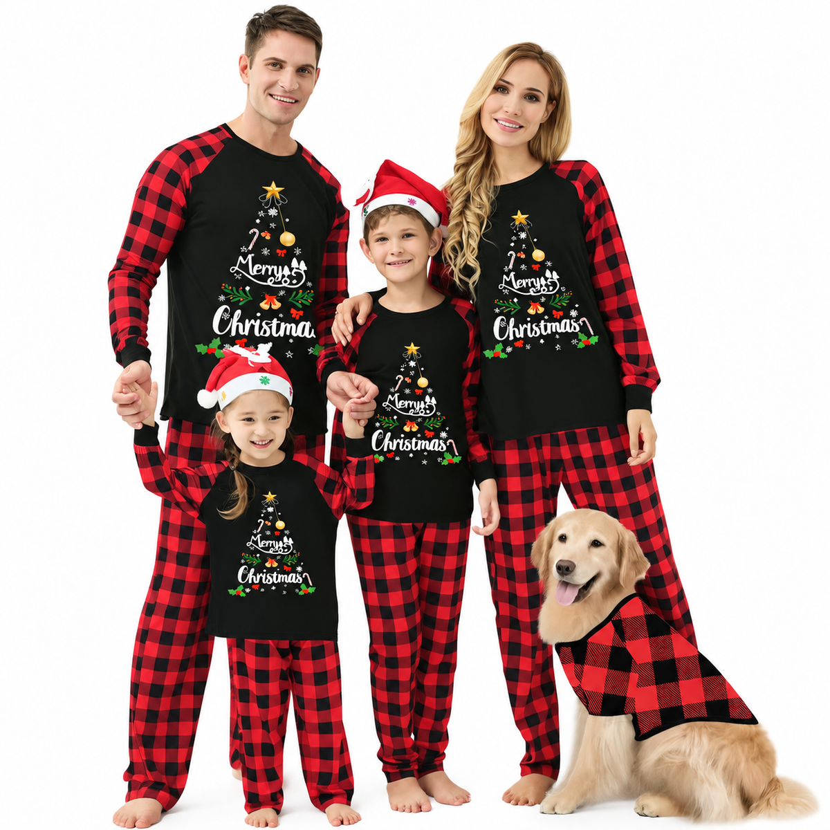 Red Plaid Christmas Tree Family Matching Christmas Pajamas for Adults, Kids & Pets