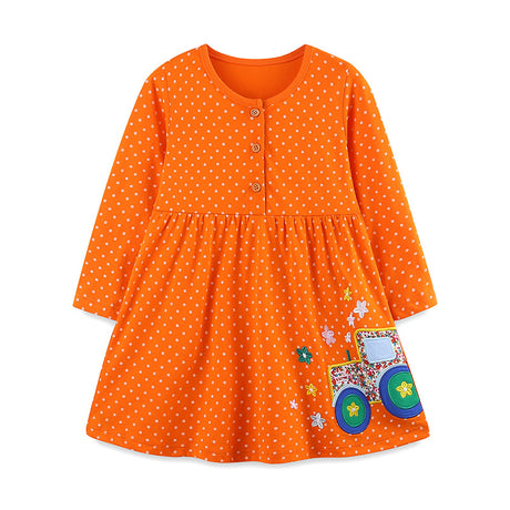 Girls' Animal Embroidered Spotted Long Sleeve Dress