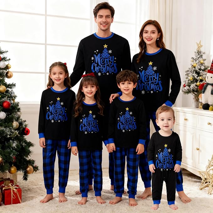 Merry Christmas Blue Plaid Family Matching Christmas Pajamas with Pet
