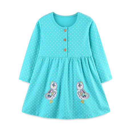 Girls' Animal Embroidered Spotted Long Sleeve Dress