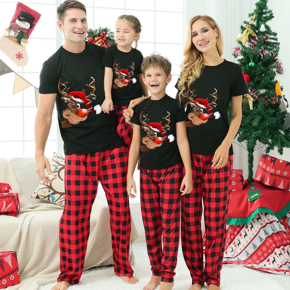 Christmas Reindeer Plaid Family Matching Christmas Pajamas for Adults, Kids & Pets