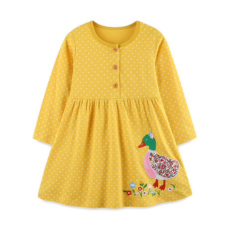 Girls' Animal Embroidered Spotted Long Sleeve Dress