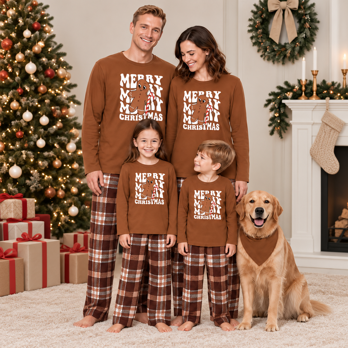 Gingerbread Brown Plaid Family Matching Pajamas