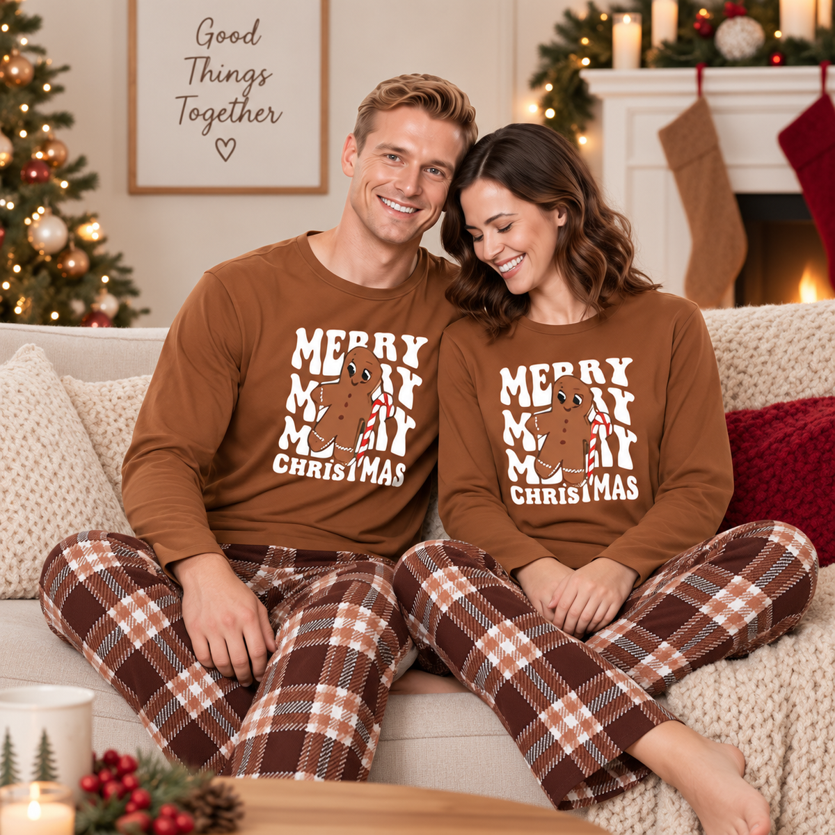 Gingerbread Brown Plaid Family Matching Pajamas