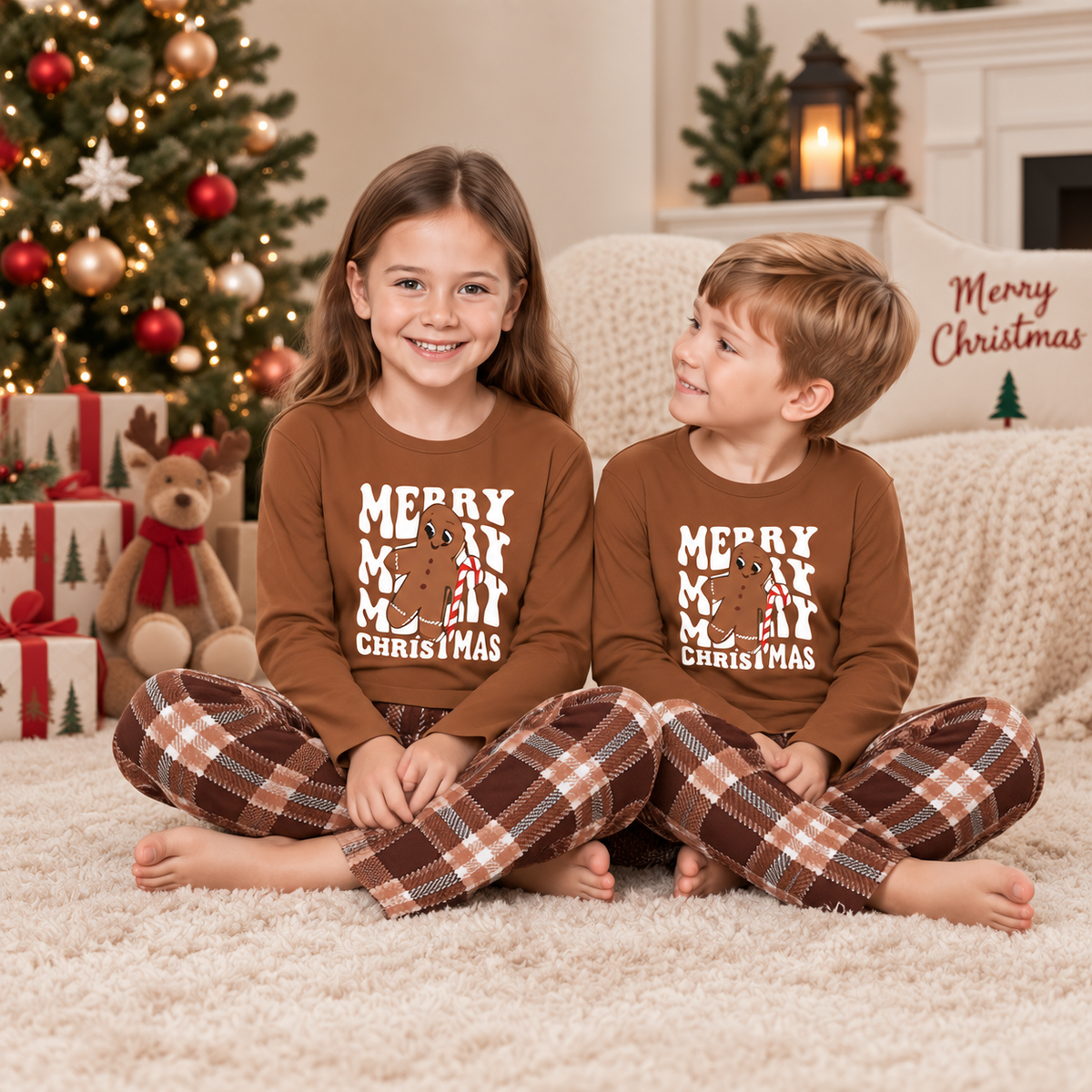 Gingerbread Brown Plaid Family Matching Pajamas