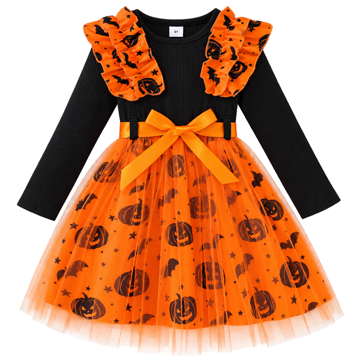 Pumpkin & Bat Print Tulle Princess Dress