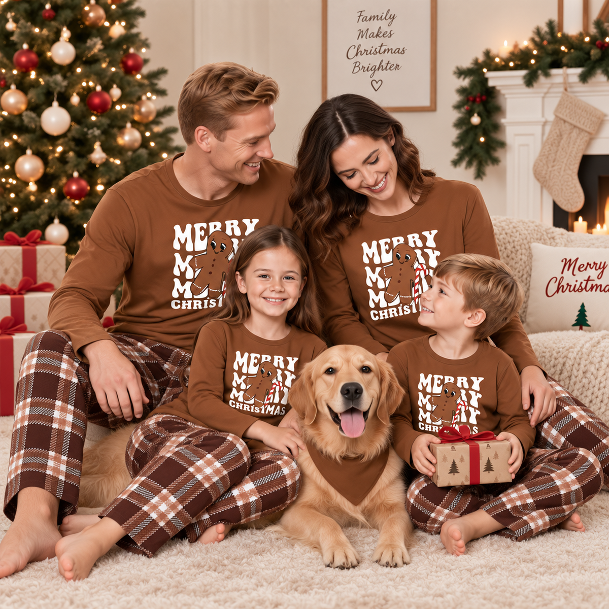 Gingerbread Brown Plaid Family Matching Pajamas