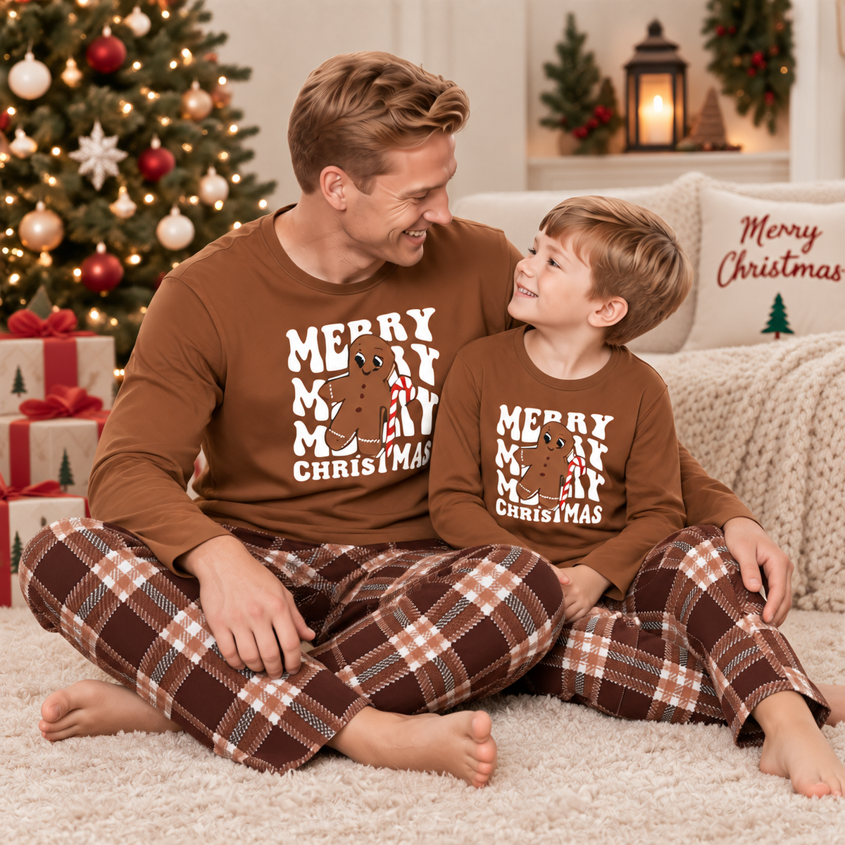 Gingerbread Brown Plaid Family Matching Pajamas