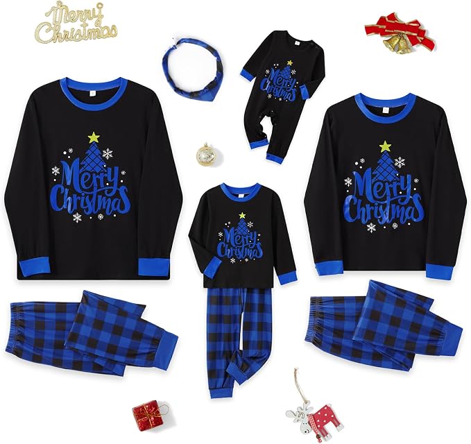 Merry Christmas Blue Plaid Family Matching Christmas Pajamas with Pet