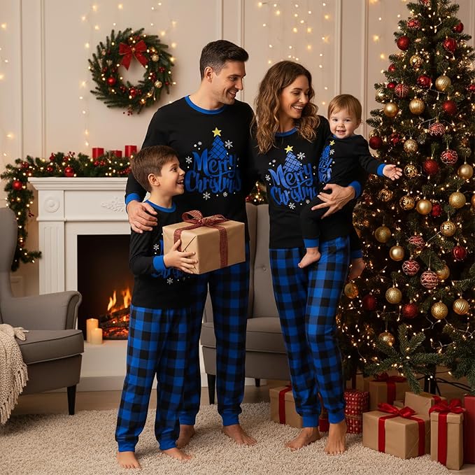 Merry Christmas Blue Plaid Family Matching Christmas Pajamas with Pet