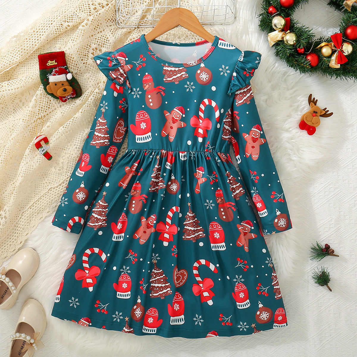 Girls' Christmas Gingerbread & Candy Cane Print Dress