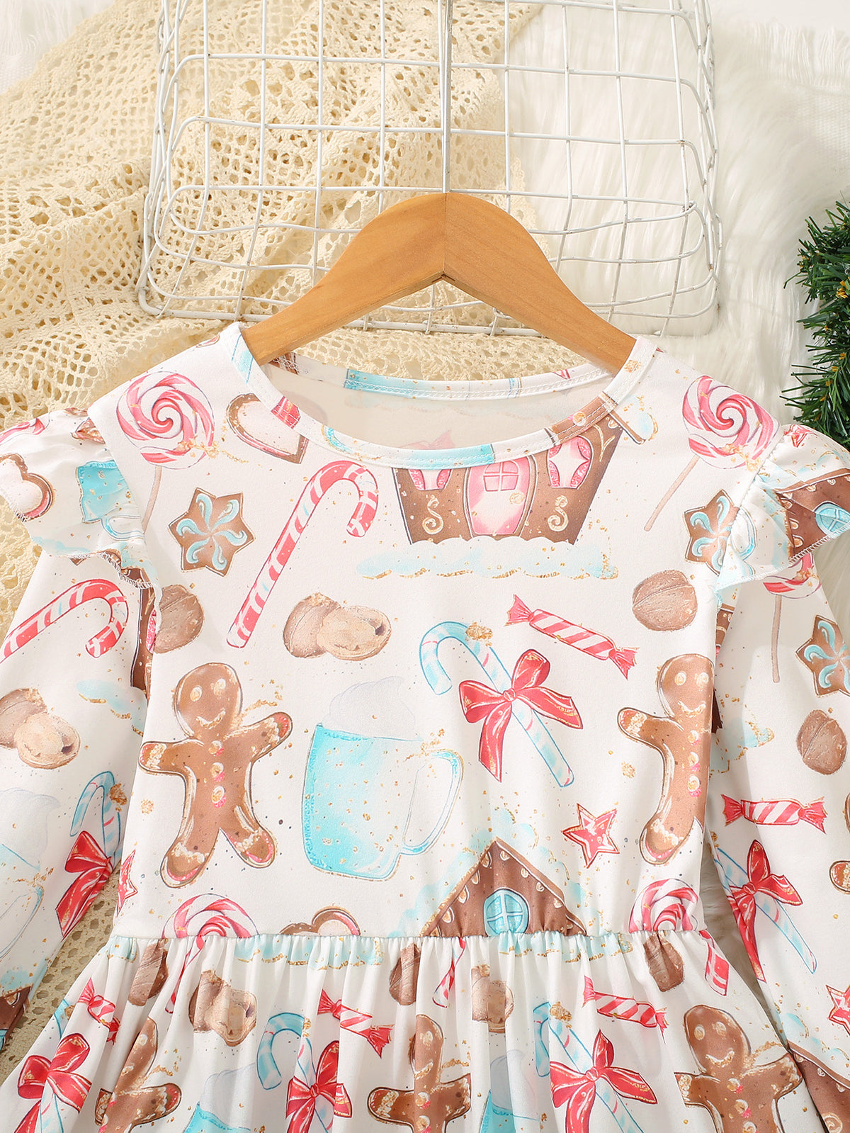 Girls' Christmas Gingerbread & Candy Cane Print Dress