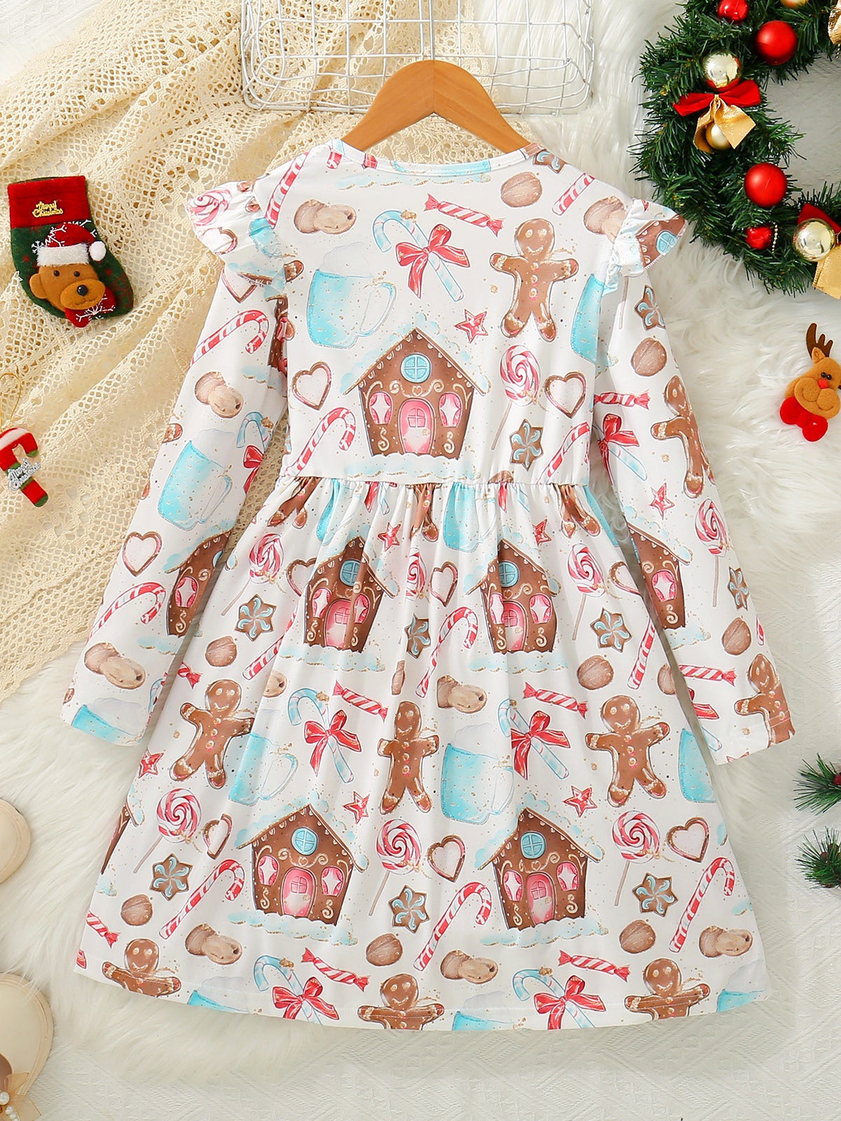 Girls' Christmas Gingerbread & Candy Cane Print Dress