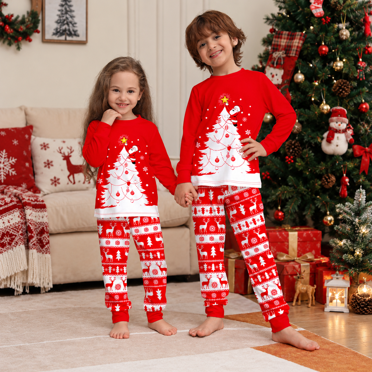 Red Christmas Tree Reindeer Family Matching Christmas Pajamas