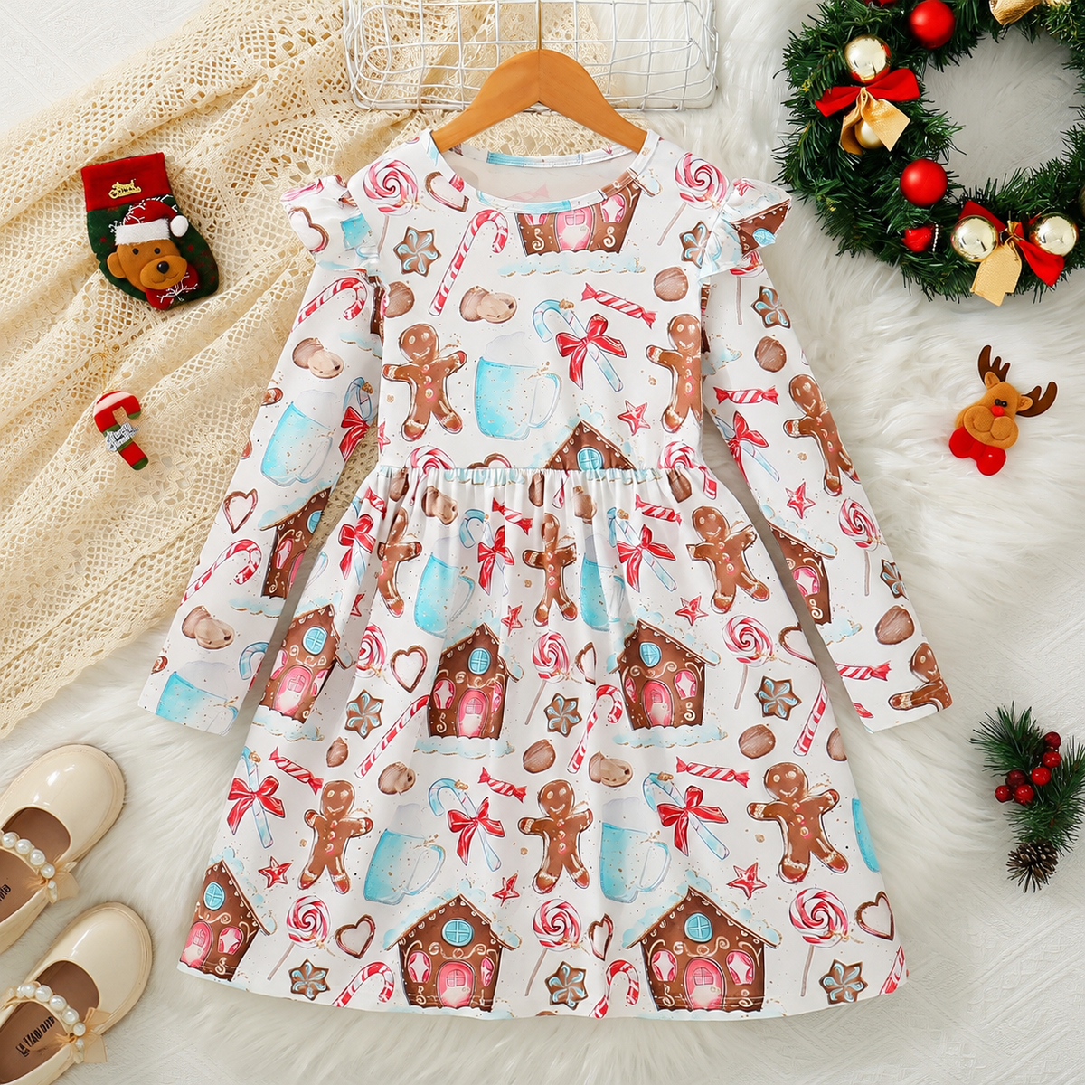 Girls' Christmas Gingerbread & Candy Cane Print Dress