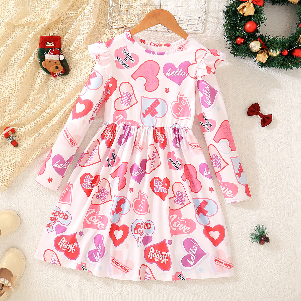 Girls' Pink Hearts Print Dress