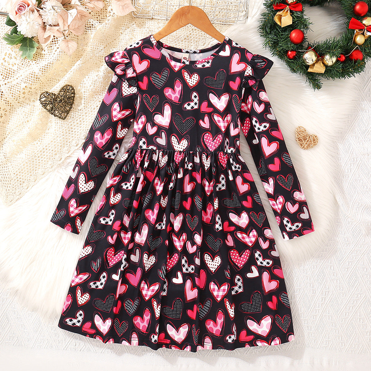 Girls' Pink Hearts Print Dress