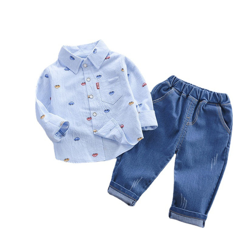 Boys' Cartoon Print Shirt & Denim Pants 2-Piece Outfit